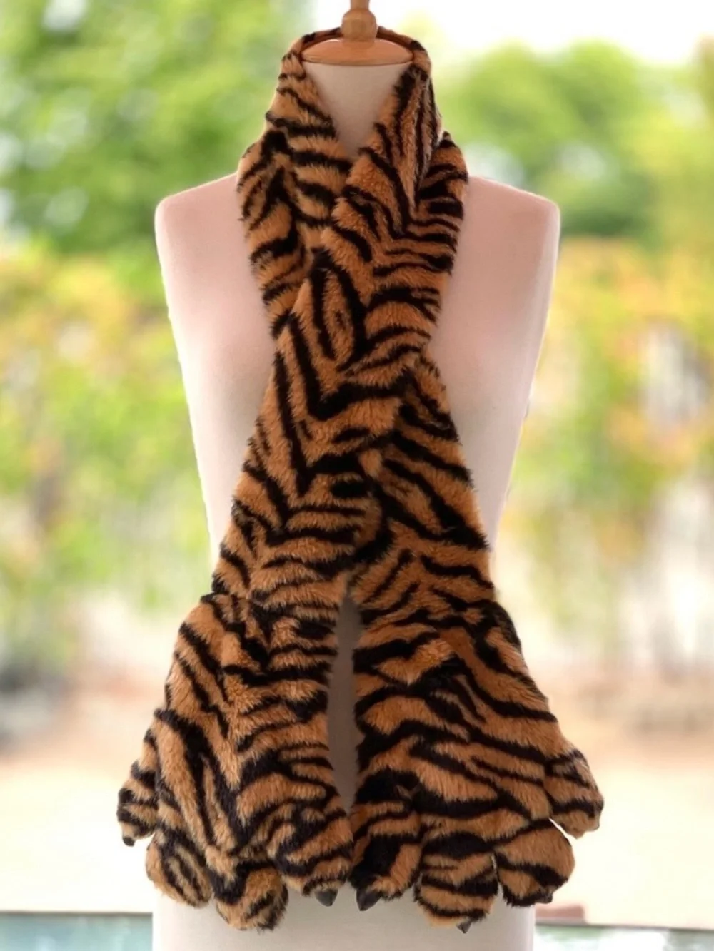 Tiger Print Scarf with Attached Plush Paws and Claw Hand Pockets, Kids One Size